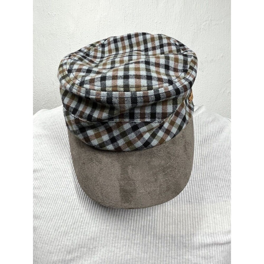 KANGOL FLEX FIT FLAT TOP HAT CAP SIZE S/M BROWN CHECK SUEDE VISOR